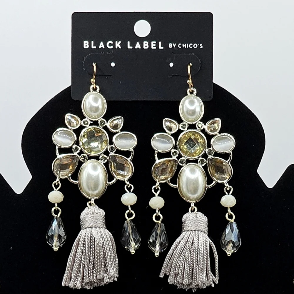 BLACK LABEL by Chico's Mixed Material Beaded‎ Tassel Necklace Set